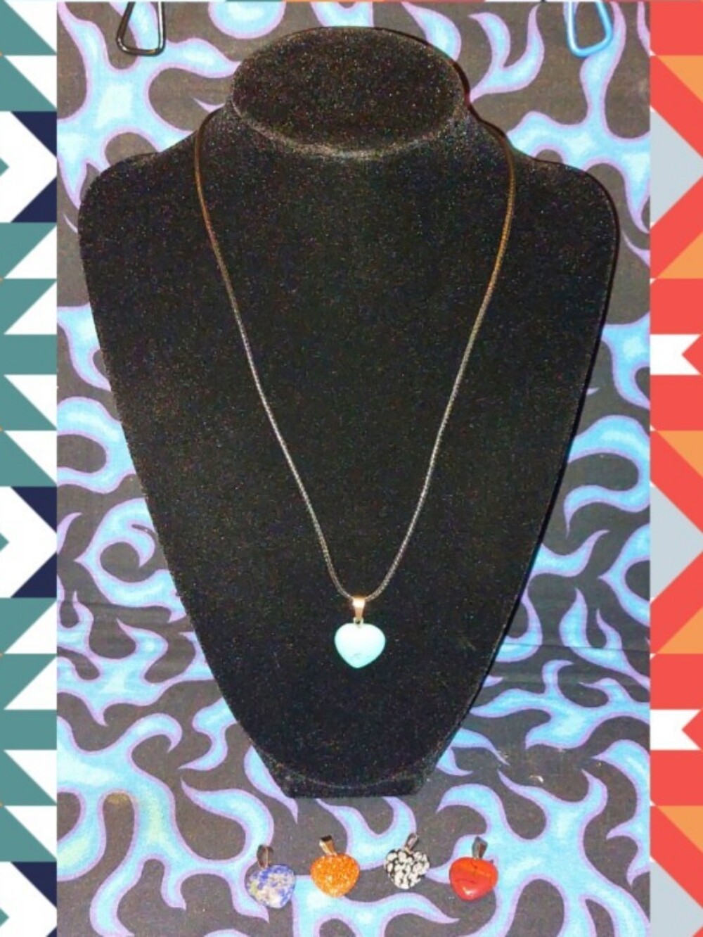 5Pc Small Interchangeable Gemstone Hearts w/Faux Leather Black Cord Necklace